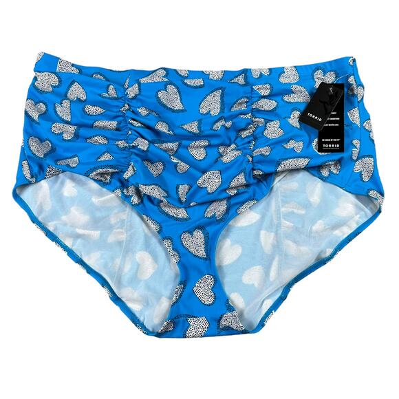 TORRID Vibrant Blue Heart Pattern Ruched High Rise Swim Bottoms Size 4 NWT - Picture 1 of 8